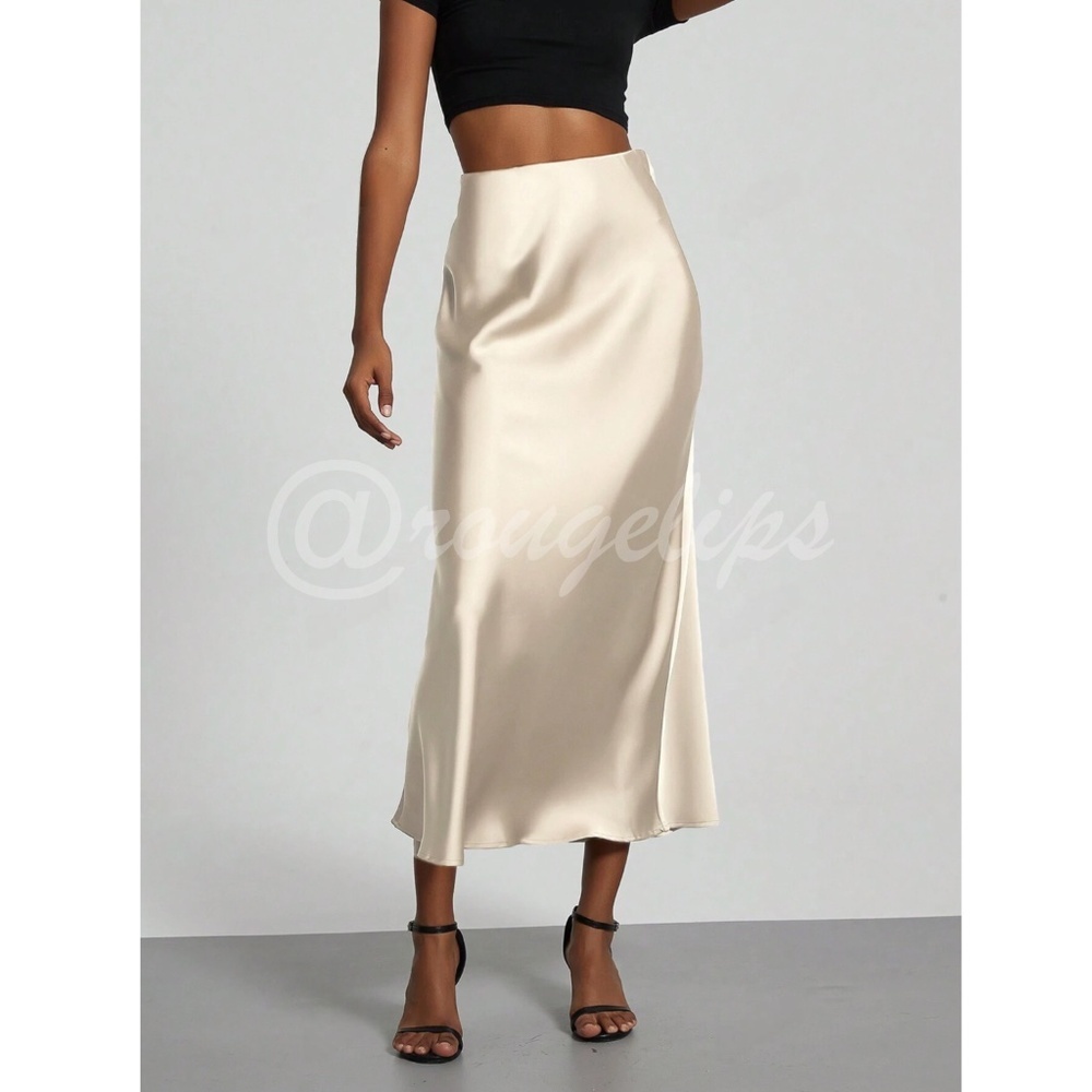 Champagne Beige Satin A-Line Skirt High Waisted Long